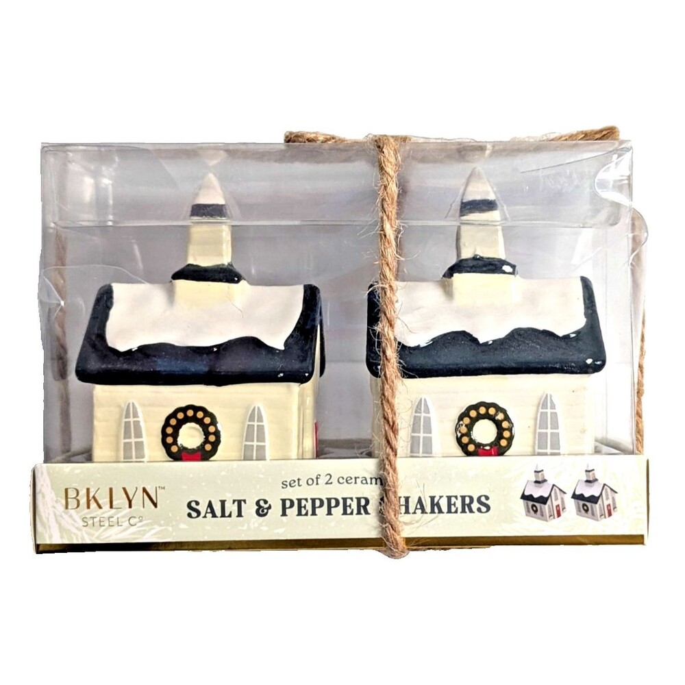 Christmas Church Salt & Pepper Shakers Ceramic Snowy Winter Holiday Gift New